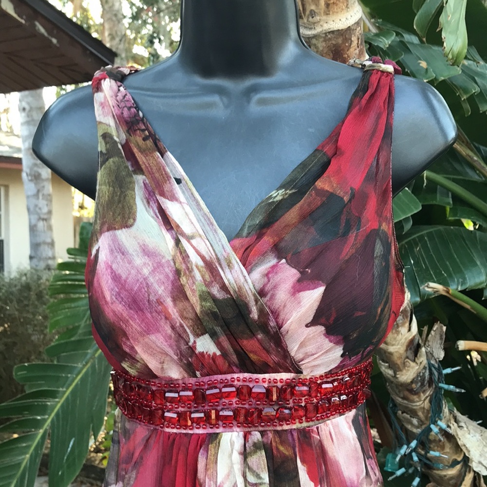 Terri Jon silk dark floral Chiffon column dress